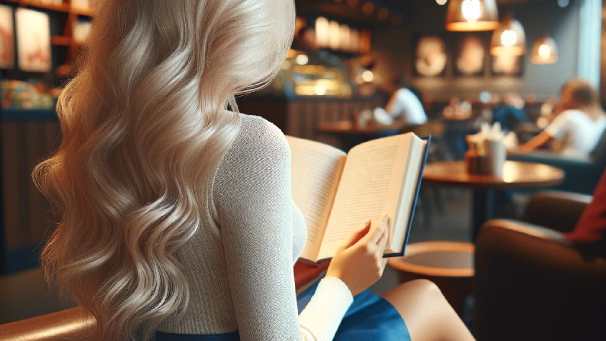 DALL·E 2023-12-25 12.37.45 - A realistic photograph for a blog thumbnail, featuring a blonde-haired woman reading a book in a coffee store. The view is from behind, with her face