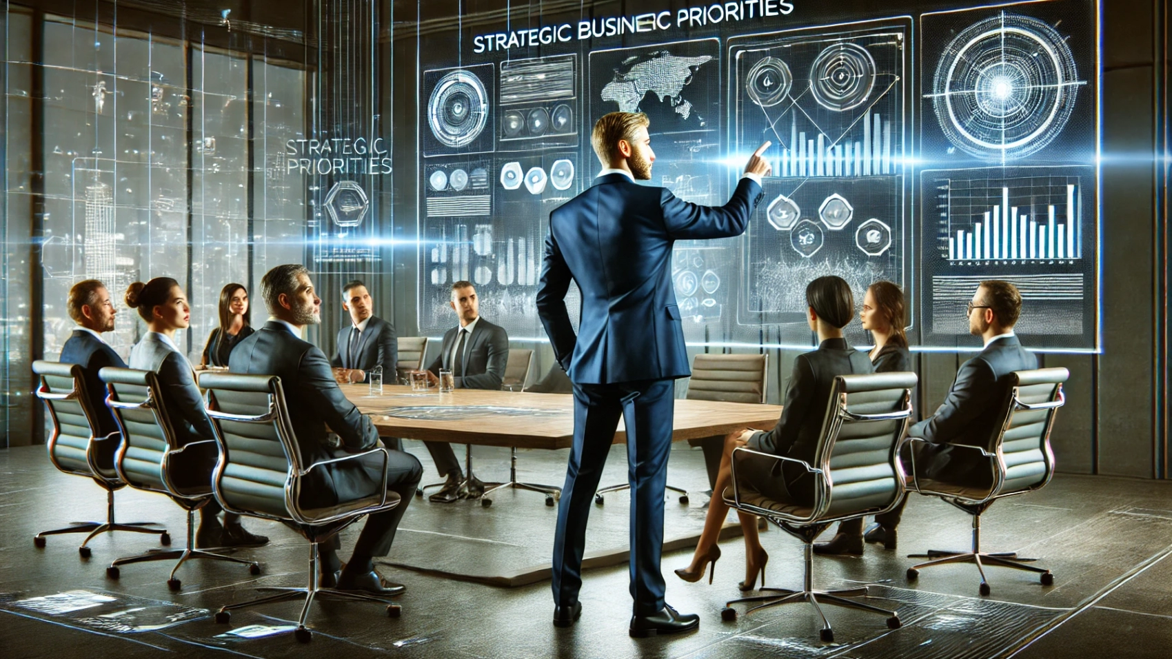 DALL·E 2024-07-26 16.00.48 - A realistic photograph of a successful business owner in a high-tech boardroom, presenting strategic priorities to a team of executives. The business