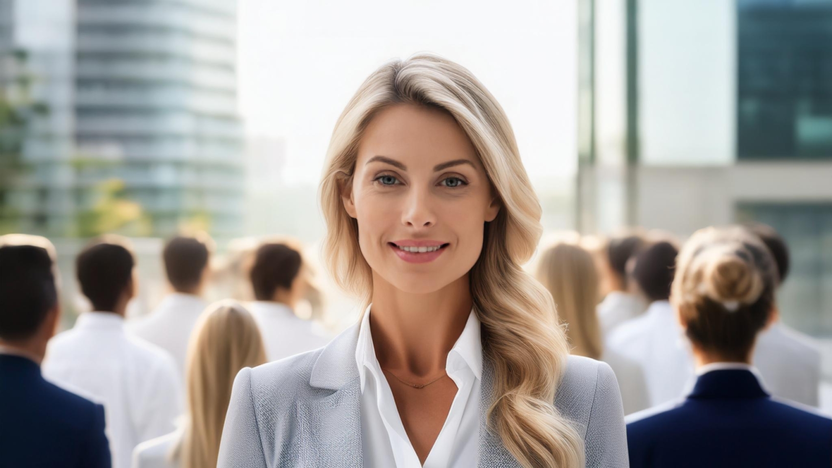 Firefly A confident blonde woman standing out in a crowd, wearing unique, bold attire that contrasts